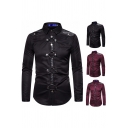 Goth Mens Shirt Leather Patched Rivet Decoration Long Sleeve Turn Down Collar Button-up Fit Shirt Top