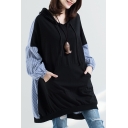 Fancy Women's Hoodie Contrast Stripe Panel Front Pocket Drawstring Hooded Banded Cuffs Long-sleeved Relaxed Fit Hooded Sweatshirt