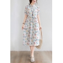 Elegant Women's Shirt Dress All over Floral Pattern Button Design Point Collar Short-sleeved Drawstring Waist Midi Shirt Dress