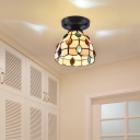 Mini Handcrafted Glass Semi Flush Light Tiffany 1 Bulb Black Ceiling Lamp for Corridor