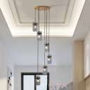 4-Sided Oval Panel Glass Hanging Light Postmodern Brass Finish Multi Pendant Ceiling Light