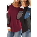 Trendy Women's Tee Top Contrast Panel Color Block Round Neck Raglan Split Hem Long Sleeves Regular Fitted T-Shirt