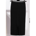 Basic Women's Skirt Solid Color Ribbed Knit Split Back Elastic Waist Knitted Tube Skirt
