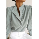 Simple Girls Plain Shirt Long Sleeve Stand Collar Button-up Regular Fit Shirt