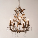 Country Style Foliage Hanging Lamp 5 Bulbs Metallic Chandelier with Crystal Drip