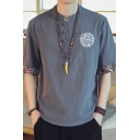 Fancy Men's Tee Top Contrast Paisley Trim Horn Button Embroidered Round Neck Half Sleeve Regular Fitted T-Shirt