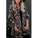 Trendy Women's Cardigan Leopard Pattern Ribbed Trim Fur Fleece Front Pocket Long Sleeves Relaxed Fit Cardigan