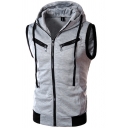 Leisure Men's Vest Contrast Trim Zip Fly Front Pocket Sleeveless Drawstring Hooded Vest