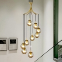 Duplex Multiple Hanging Pendant Light Postmodern Gold Ceiling Lamp with Ball Cognac Glass Shade