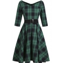 Vintage Womens Dress Green Plaid Printed 3/4 Sleeve V-neck Belted Mid Pleated A-line Dress