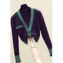 Leisure Women's Cardigan Contrast Trim Ribbed Knit Button Fly Chest Pocket Long Sleeves Cardigan