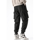 All-Match Men's Pants Solid Color Flap Pocket Banded Cuffs Drawstring Waist Ankle Length Pants