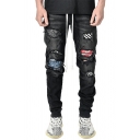 Fancy Men's Jeans Distressed Frayed Zip Fly Long Straight Jeans with Washing Effect