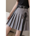 Girls Cool Hip Hop Street Fashion Chain Buckled Pocket Side Mini A-Line Grey Skirt