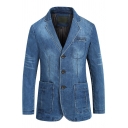 Fashion Men's Raw-Edge Notched Lapel Double Button Long Sleeve Blue Washed Denim Blazer Sport Jacket Suit