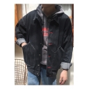 Guys Simple Embroidery Back Long Sleeve Button Front Casual Oversized Vintage Denim Jacket Coat