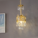 Crown Shaped Bedside Pendulum Light Antique Metal Gold Finish Drop Pendant with Teardrop Crystals