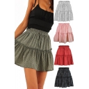 Ladies Stylish Skirt Polka Dot Print Drawstring Waist Ruffled Hem Short Pleated A-line Skirt