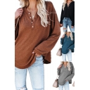 Fancy Women's Tee Top Solid Color Button Detail Long Sleeves Relaxed Fit T-Shirt