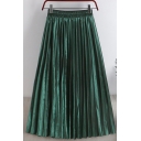 Leisure Women's Skirt Solid Color Velvet Elastic Waist Pleated Midi A-Line Skirt