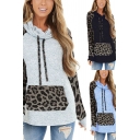 Womens Leisure Sweatshirt Leopard Printed Long Sleeve Cowl Neck Drawstring Pouch Pocket Regular Fit Sweatshirt