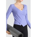 Fancy Women's Tee Top Solid Color V Neck Long Sleeves Slim Fitted Active T-Shirt