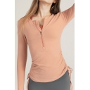 Stylish Women's Tee Top Solid Color Ruched Detail Zip Fly Long Sleeves Slim Fitted T-Shirt