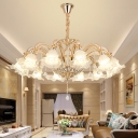 Ruffled Frosted Glass Light Fitting Traditional Living Room Lighting with Dangling Crystals in Gold