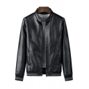 Street Mens Jacket Leather Long Sleeve Stand Collar Zipper Front Regular Fit Plain Jacket
