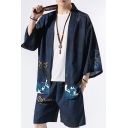 Stylish Men's Kimono Coat Sea Wave Cloud Print Open Front Long Sleeve Relaxed Fit Coat