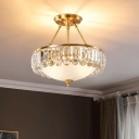 4 Lights Ceiling Light Fixture Vintage Bowl Milk Glass Flush Mount Lamp in Gold with Crystal Side