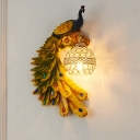 Single-Bulb Peacock Wall Light Kit Art Deco Resin Sconce Lamp with Dome Crystal Shade
