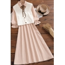 Elegant Woemns Dress Long Sleeve Point Collar Button Up Mid A-line Apricot Dress with Vest