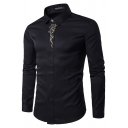 Casual Shirt Floral Embroidered Long Sleeve Turn Down Collar Button Up Fitted Shirt for Men