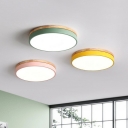 Disk Shaped Kids Bedroom Ceiling Lamp Acrylic LED Macaron Flush Mount Lighting with Wood Top