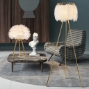 Gold Plated Tripod Table Light Postmodern 1 Bulb Metal Night Lamp with Round Feather Shade