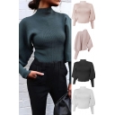 Womens Popular Sweater Plain Knit Blouson Sleeve Mock Neck Relaxed Fit Sweater Top