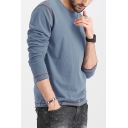 Leisure Men's Tee Top Solid Color Round Neck Contrast Piping Long Sleeves Regular Fitted T-Shirt