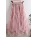Fancy Women's Skirt Mesh-Gauze Asymmetrical Hem Pleated Elastic Waist Tiered Long A-Line Dress
