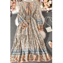 Vintage Women's A-Line Dress Tribal Floral Pattern Drawstring Front Long Sleeves Long A-Line Dress with Tie