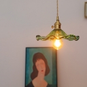 Green Glass Ruffled Shade Pendant Light Fixture Loft Style Single Bedside Ceiling Hang Lamp