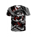 Creative Men's Tee Top Skull Digital 3D Pattern Round Neck Short Sleeve Regular Fitted T-Shirt