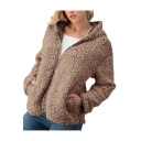 Womens New Stylish Simple Plain Lamb Fluffy Long Sleeve Zip Up Fitted Hoodie