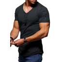 Leisure Men's Tee Top Solid Color Zip Detail V Neck Short Sleeves Slim Fitted T-Shirt