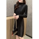 Simple Womens Dress Solid Color Long Sleeve Mock Neck Knitted Panel Mid Pleated A-line Dress