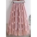 Trendy Women's Skirt Floral Embellished Elastic Waist Pleated Fully Lined Mesh-Gauze Long A-Line Skirt