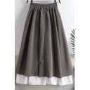 Vintage Women's Skirt Patchwork Fully Lined Button Detail Elastic Waist Flowy Midi A-Line Skirt