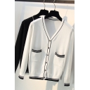 Fancy Women's Cardigan Contrast Stripe Trim Button Fly Front Pocket Long Sleeves Regular Fitted Knitted Cardgian