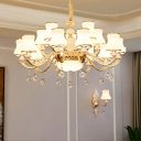Curve Living Room Suspension Light Retro White Glass Gold Chandelier with K9 Crystal Deco