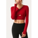 Popular Ladies T Shirt Plain Long Sleeve V-neck Cut Out Fit Crop Tee Top